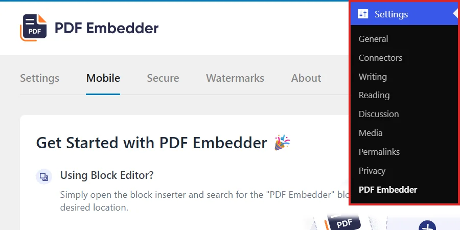 WordPress admin sidebar with Settings and PDF Embedder highlighted