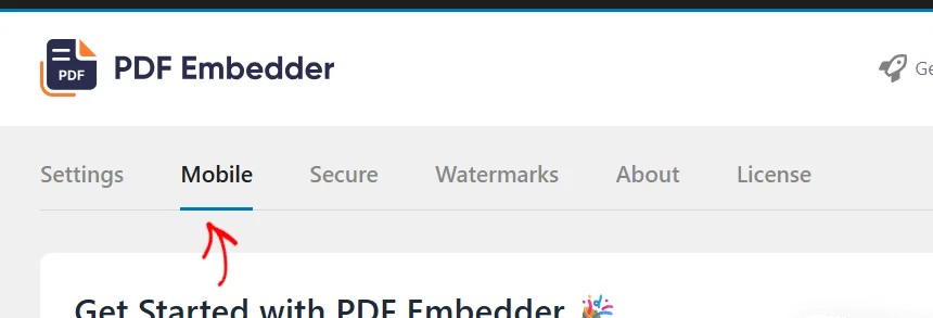 PDF Embedder settings navigation bar with an arrow pointing to the Mobile tab