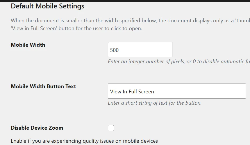 PDF Embedder Mobile settings panel showing Mobile Width, Mobile Width Button Text, and Disable Device Zoom fields