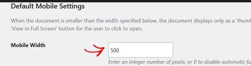 Mobile Width field with an arrow pointing to the input box