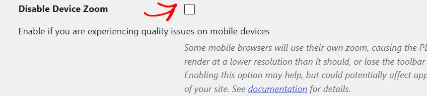 Disable Device Zoom checkbox with an arrow pointing to it
